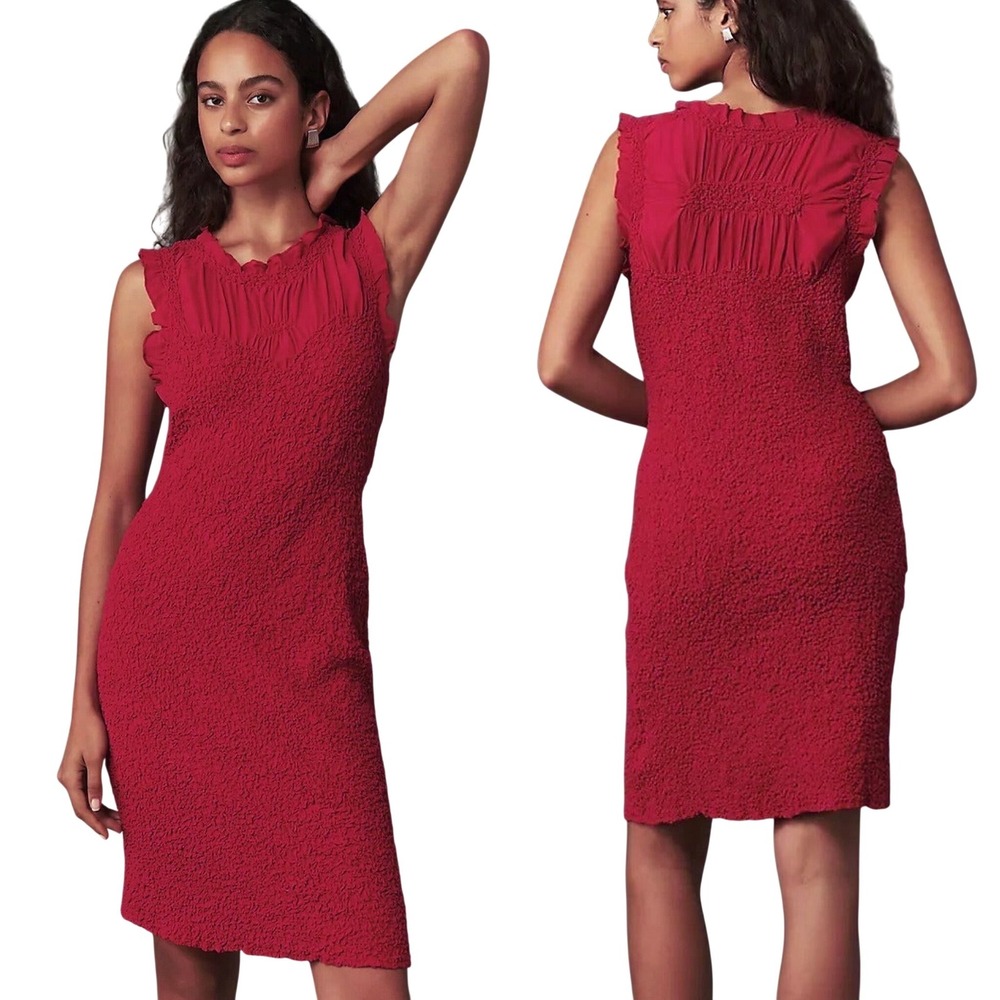 Anthropologie Mock Neck Textured Dress Medium Smocked Pink Rose Sleeveless